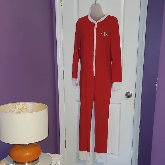 J. Crew Red Women's One Piece Reindeer Pajamas Sz: L - Picture 2 of 8